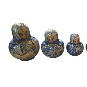 8 Nesting Dolls Russian Matryoshka‎ Blue Gold Hand-Painted Artisan Signed